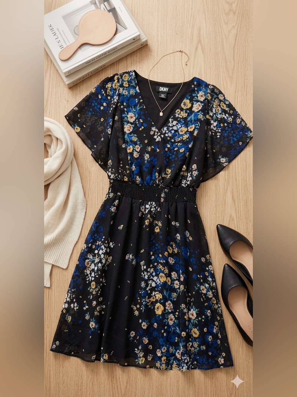 DKNY Black Floral V-Neck Flutter Sleeve Dress